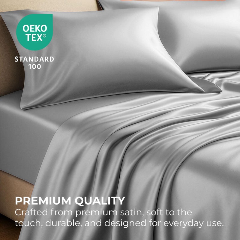 Pure Bedding Satin Sheets Twin [3-Piece, Silver] Hotel Luxury Silky Bed Sheets - Extra Soft 1800 Microfiber Sheet Set, Wrinkle, Fade, Deep Pocket Fitted Sheet, Flat Sheet, Pillow Cases - Image 2